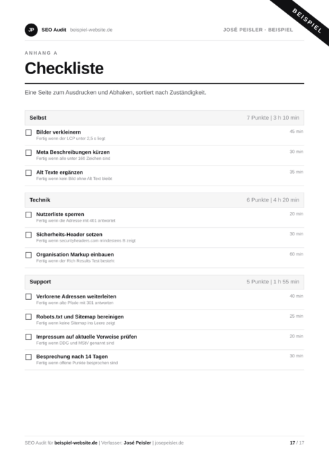 Checkliste zum Abhaken am Ende eines SEO und GEO Audit Berichts, gegliedert nach Sofort, Kurzfristig und Laufend, Beispiel