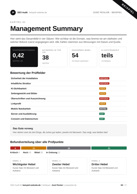 Management Summary eines SEO und GEO Audits mit Kennzahlen, Bewertung der Prüffelder und Befundverteilung, Beispiel mit erfundenen Werten