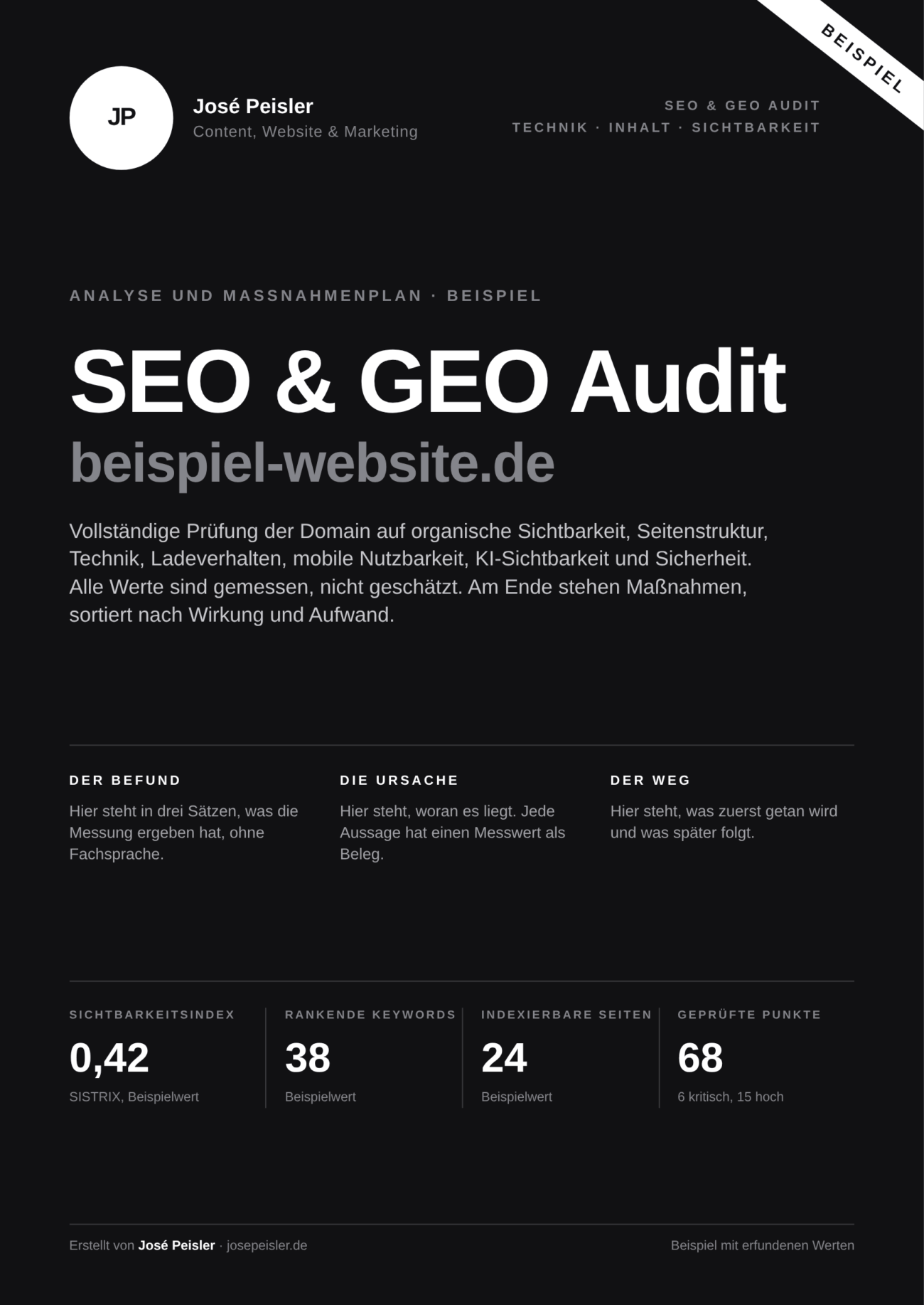 Deckblatt eines SEO und GEO Audit Berichts mit Befund, Ursache, Weg und Kennzahlen, Beispiel mit erfundenen Werten