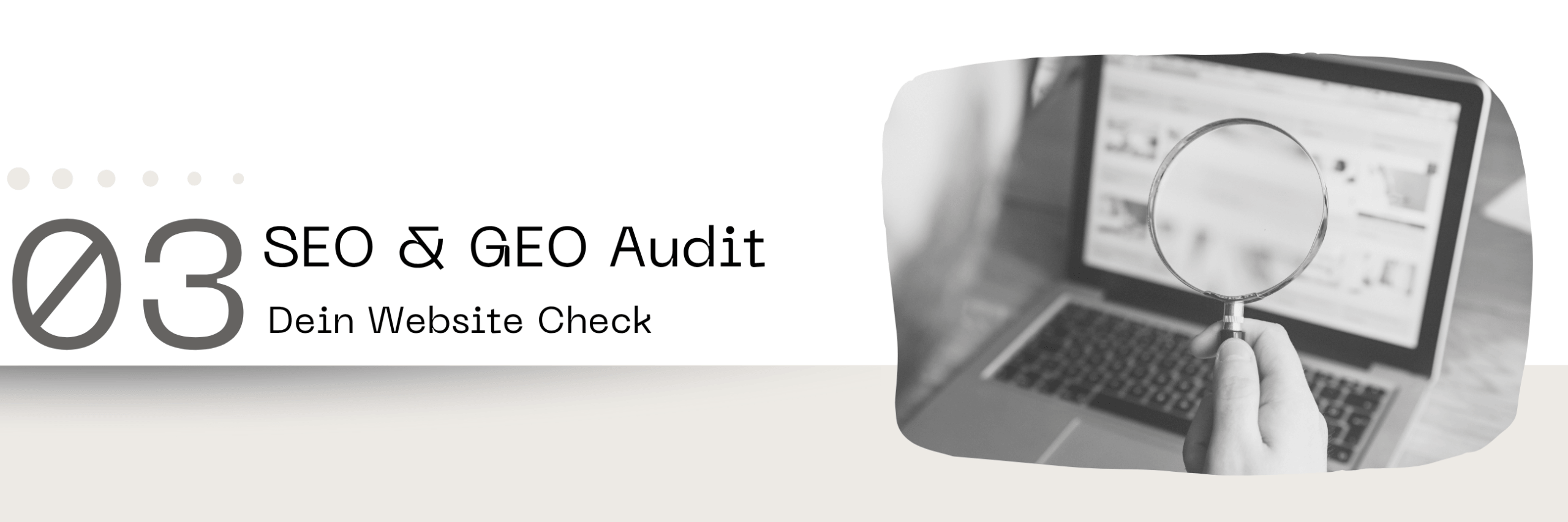 SEO und GEO Audit: Dein Website Check Lupe über einem Laptop mit Website, daneben der Text SEO und GEO Audit, Dein Website Check